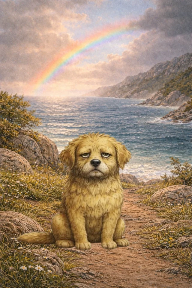 La carte BOF à retourner, avec le chien devant la mer sous un arc-en-ciel